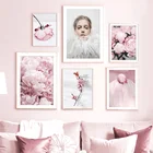 Розовые цветочные лепестки фламинго для девочек, скандинавские постеры и принты, настенная живопись на холсте, пейзаж, настенные картины для декора гостиной