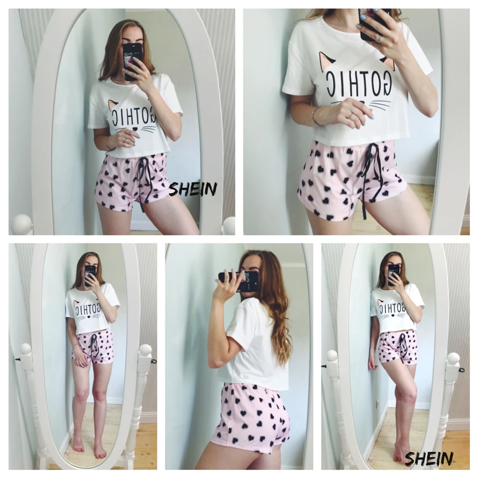 SHEIN Kat футболка с принтом эластичные шорты повседневная одежда костюм для пижамы