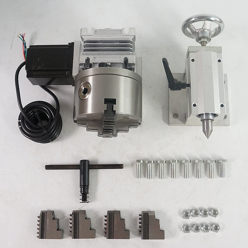 

A Axis Rotary Axis Tailstock 4th Axis with 80mm 4 Jaw Chuck 57 86 Stepper Motor for CNC Router Milling Machine 3040 6040 6090