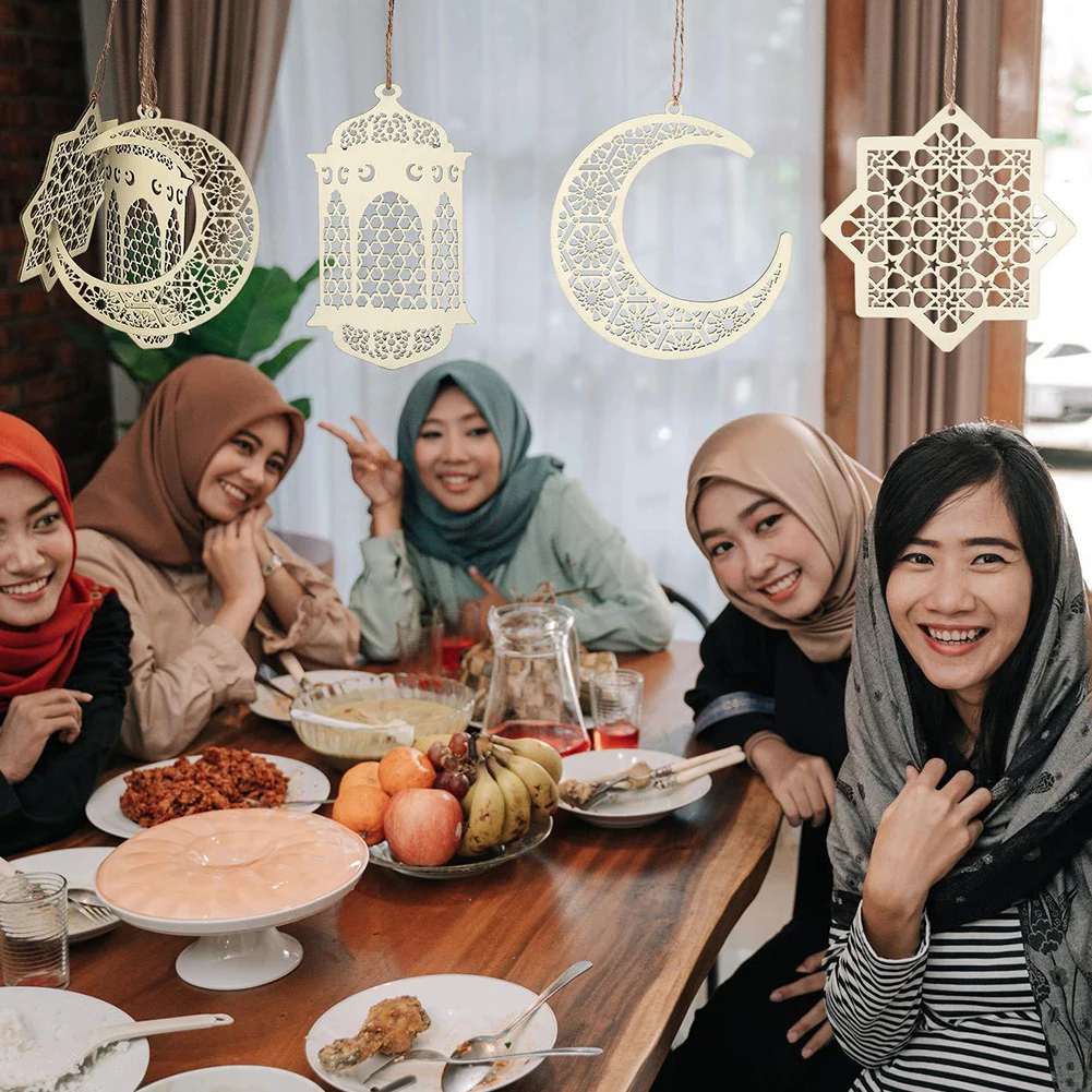 

6pcs Ramadan Kareem Decoration Wooden Craft Hanging Pendant Eid Mubarak Hanging Crafts With Moon Star Lamp For Eid Al-Fitr Decor