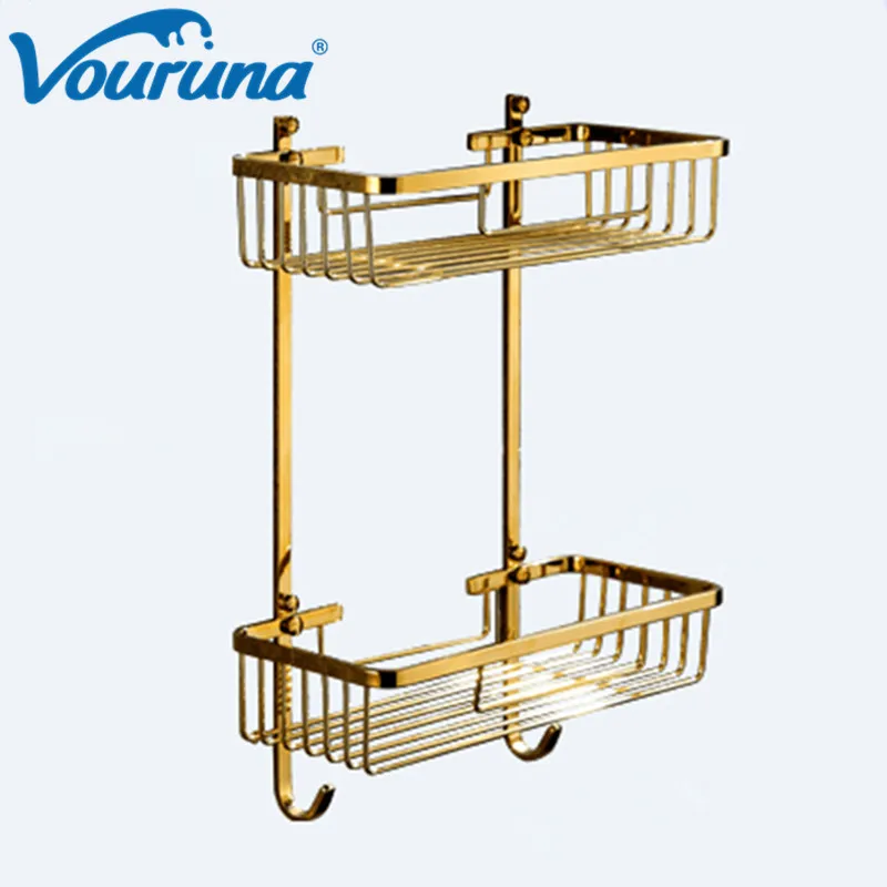 VOURU роскошный золотой твердой латуни двойной Ванная комната Душ Caddy корзина для