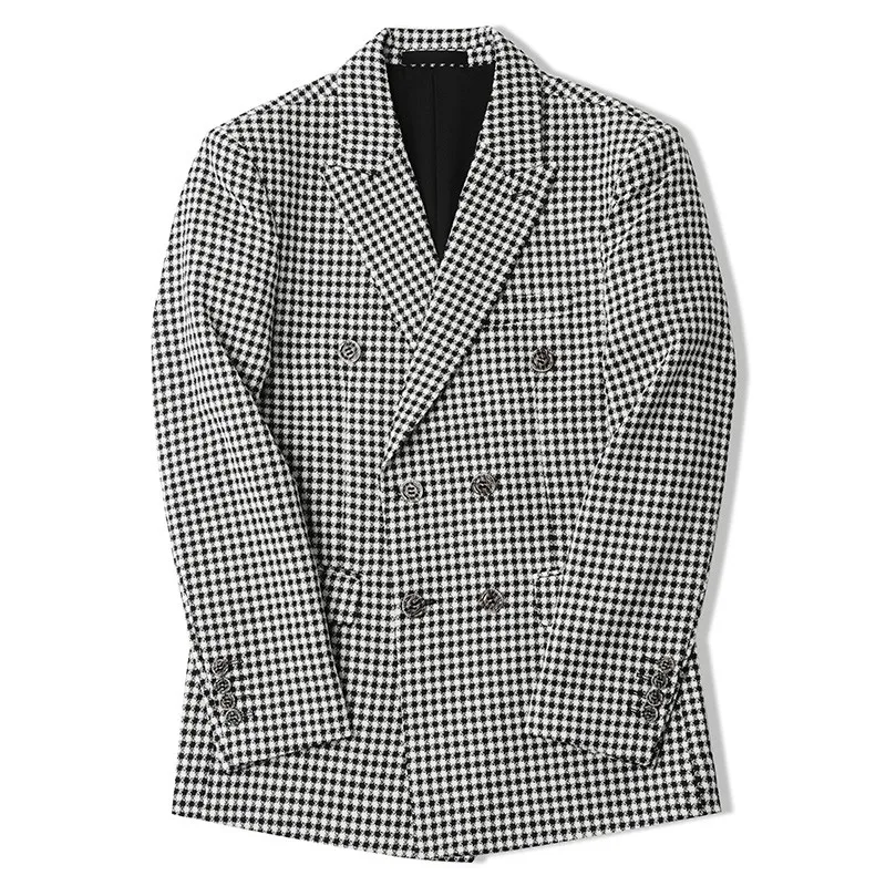 

British Vintage Mens Plaid Double Breasted Suit Coat Business Man Office Work Slim Fit Formal Blazer Jacket Outwear Coat Blazers