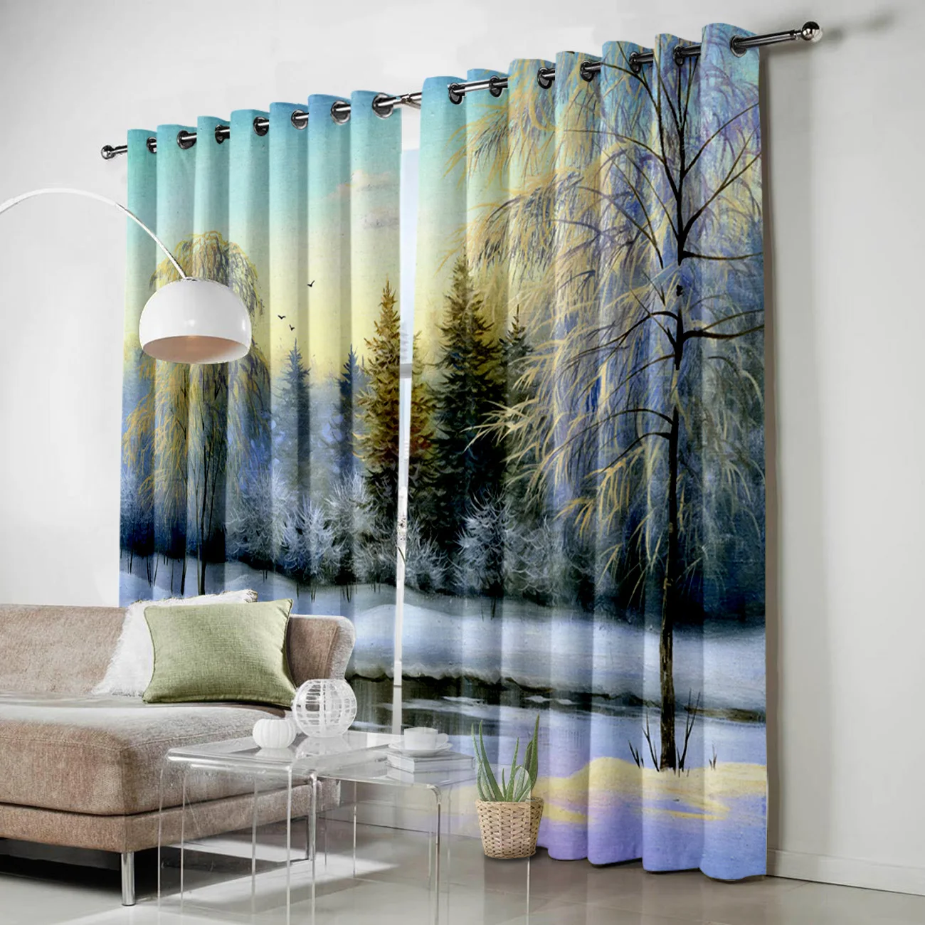Winter Snow Lake Woods Jungle Birds Beautiful Cloud Window Curtains Living Room Curtain Rod Kitchen Drapes Fabric Home Decor |