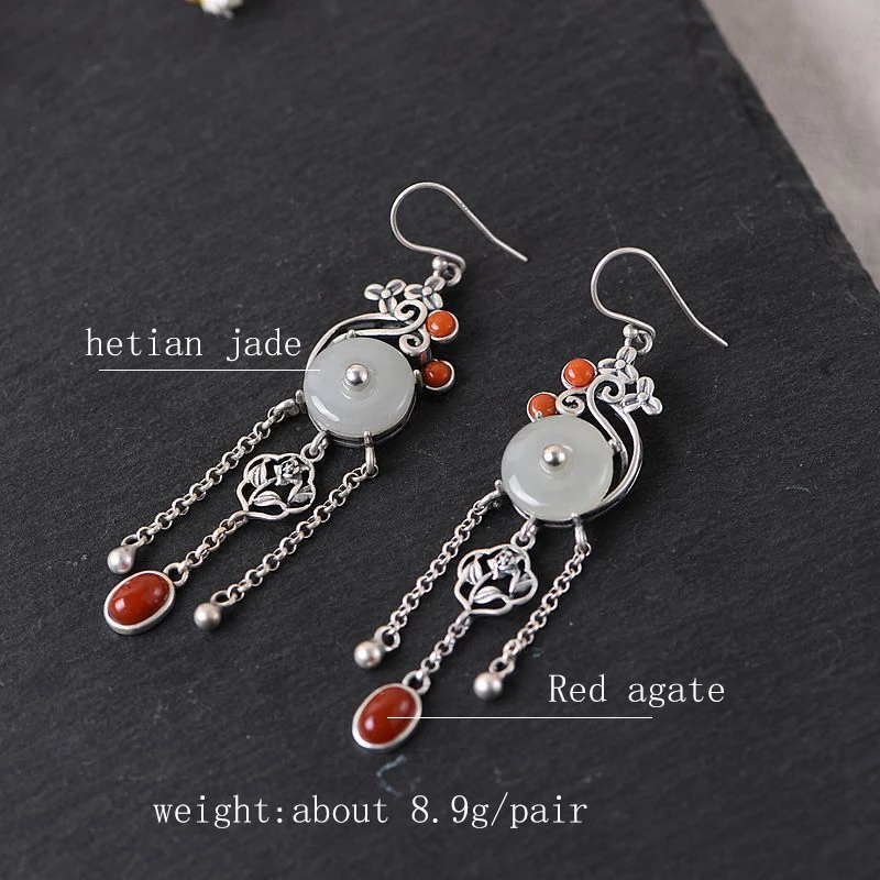 

GAGAFEEL Women Silver Drop Earrings Round Natural Stone Dangle Earring 925 Sterling Silver Jewelry Ethnic Style Tassel Earrings