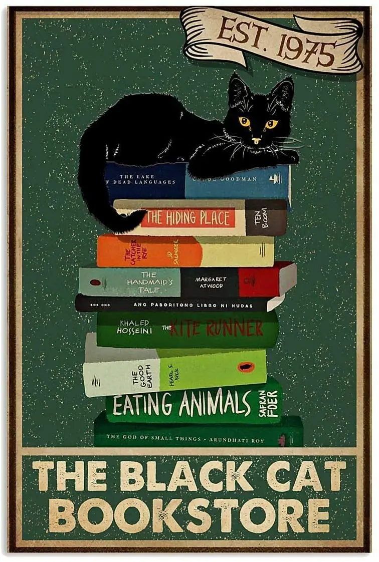 

Vintage Black Cat Bookstore Reading Poster Art Print Decor for Home Plaque Poster for Cafe Bar Pub Beer Wall Decor Art Tin Sign