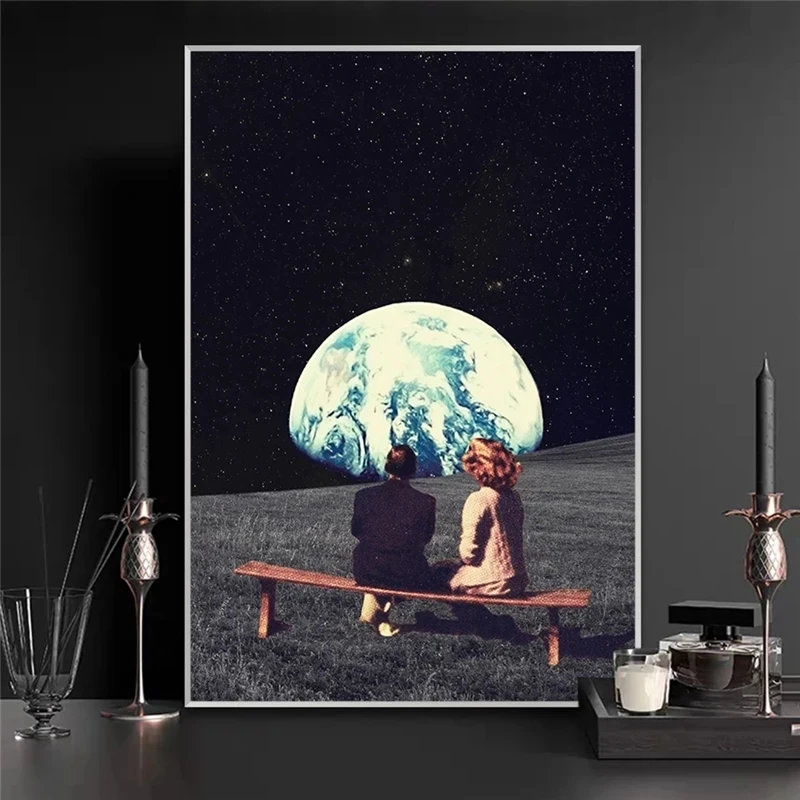 

Night Sky Art Prints Earth Couple Posters and Prints Surrealism Galaxy Space Moon Canvas Painting Cosmic Wall Picture Home Decor