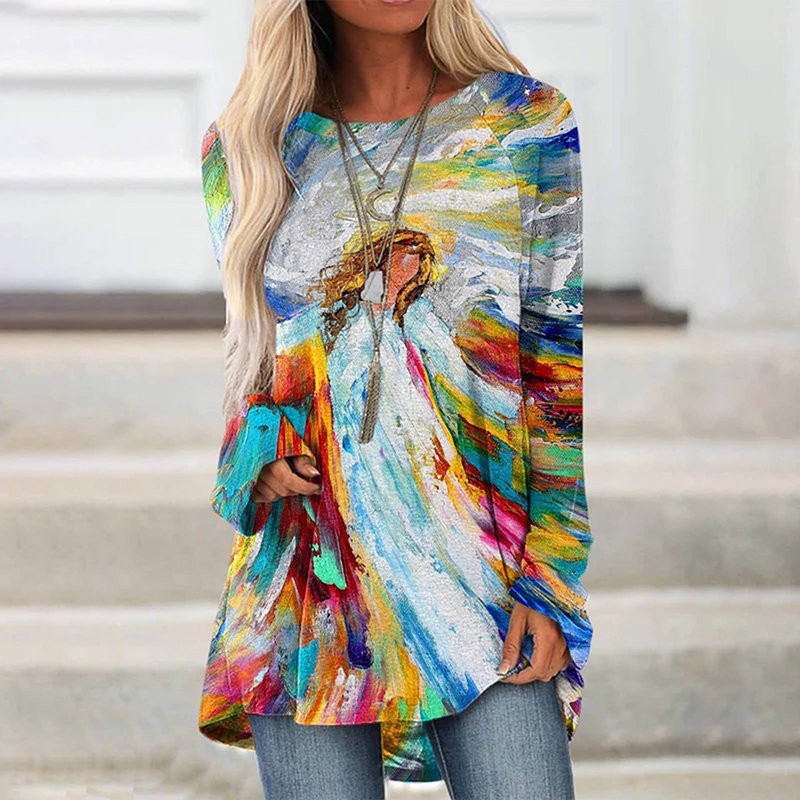 

Autumn Women's Casual Tops Abstract Face Print T-shirt Halloween O Neck Full Sleeves Loose Long T-shirt