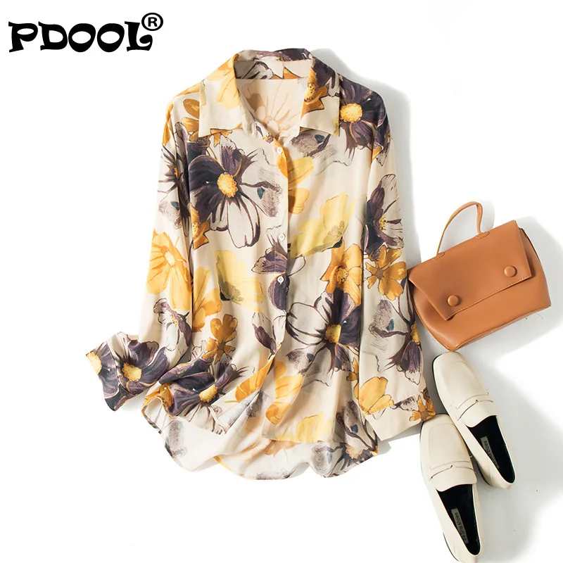 

Boyfriend Blouse Women 2020 100%Silk Print Long Sleeves Drop Shoulder Loose Blouse Shirt Elegant Silk Chiffon Shirt