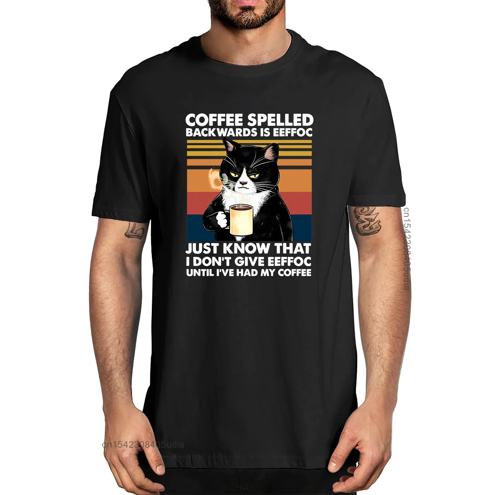 

Black Cat Coffee Spelled Backwards Is Eeffoc Funny Cat Coffee Lover Men's 100% Cotton Designer T-Shirts Unisex Humor Women