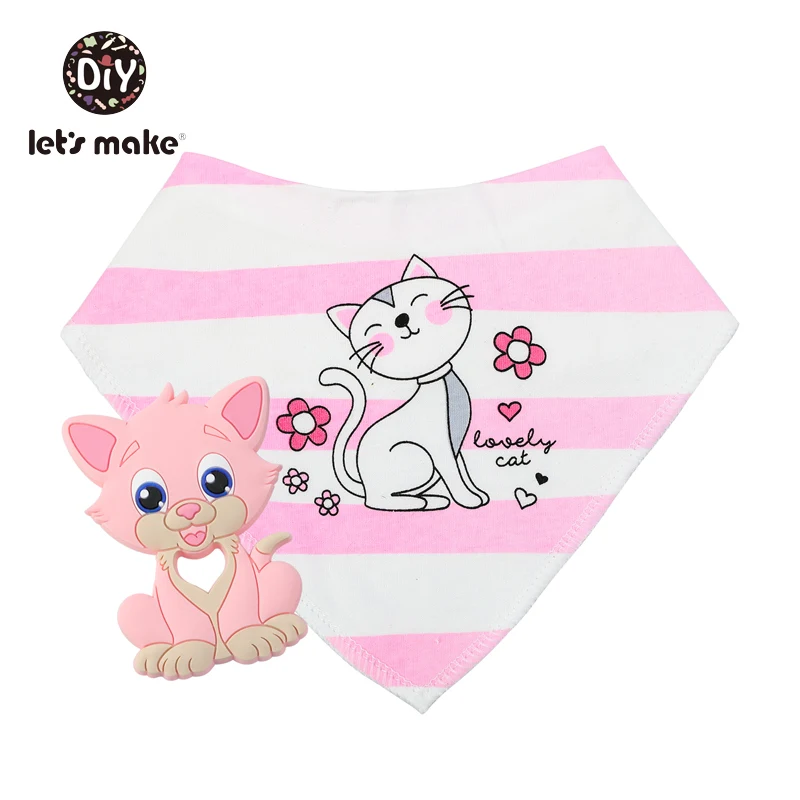 cat teether bib Let's Make/детские вещи, Детские нагрудники и салфетки для отрыжки, 1 предмет, хлопковый нагрудник, мультяшный силиконовый прорезыватель, не содержит бисфенола, детские вещи, одежда для кормления - Цвет: cat teether bib