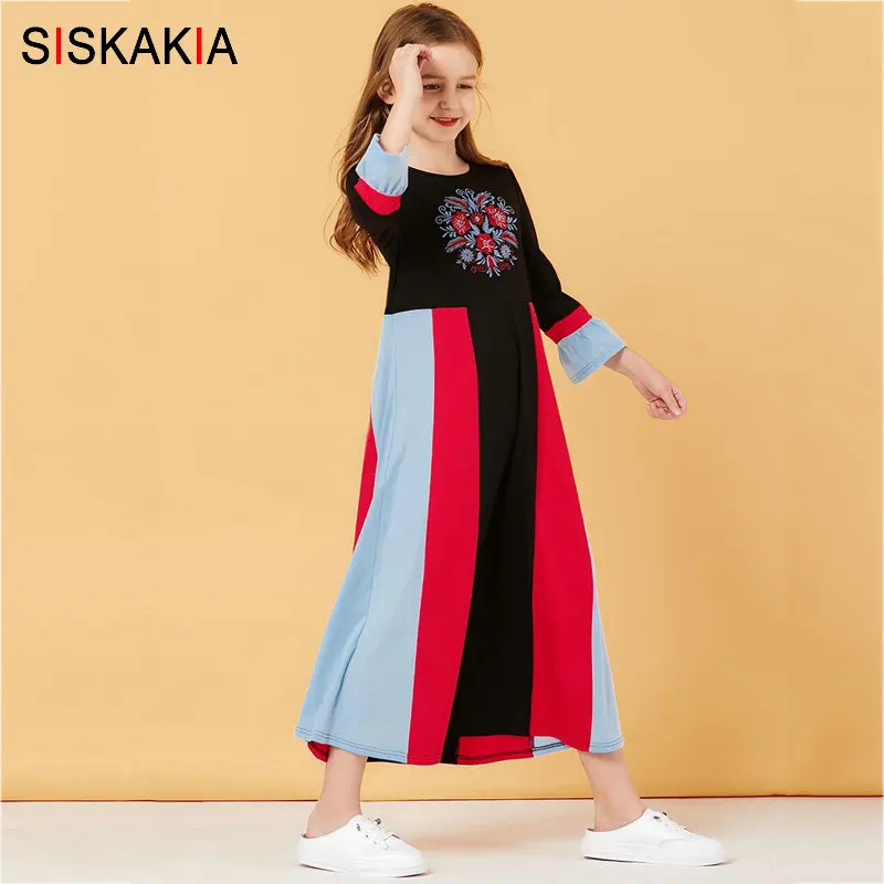 Siskakia Mama And Daughter Dress Long Family Matching Outfits Mother Big Girls Maxi Dresses Cotton Color Block Floral Embroidery | Мать и