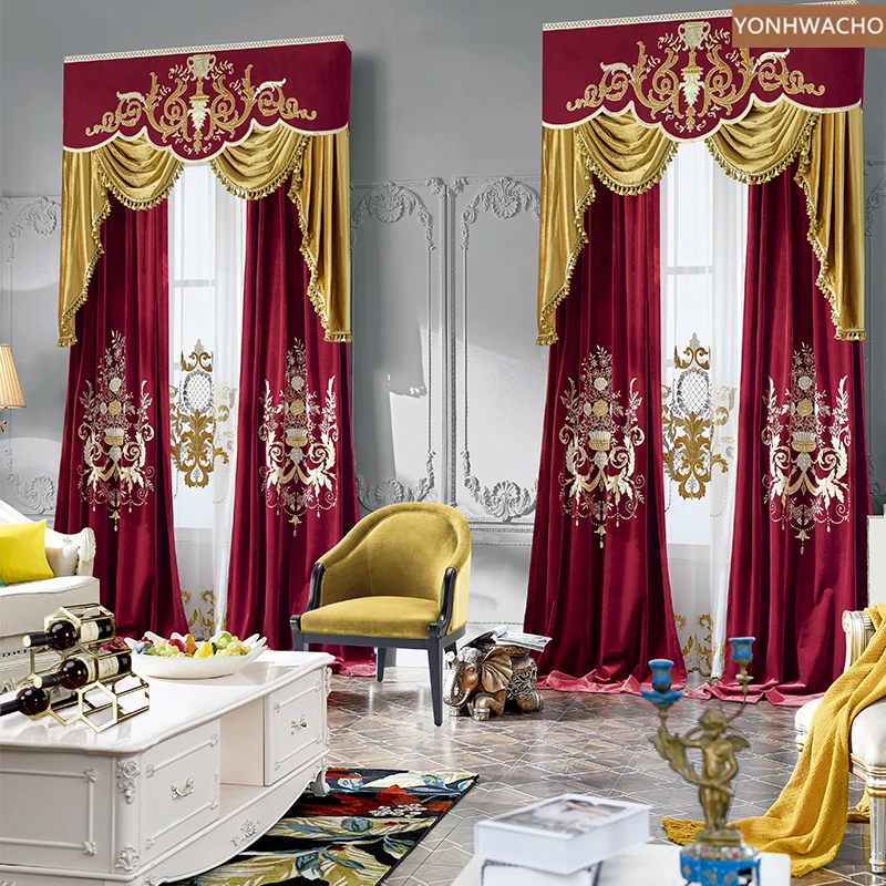 

Custom curtain High-grade European red luxury palace embroidery thick cloth blackout curtain valance tulle panel C268