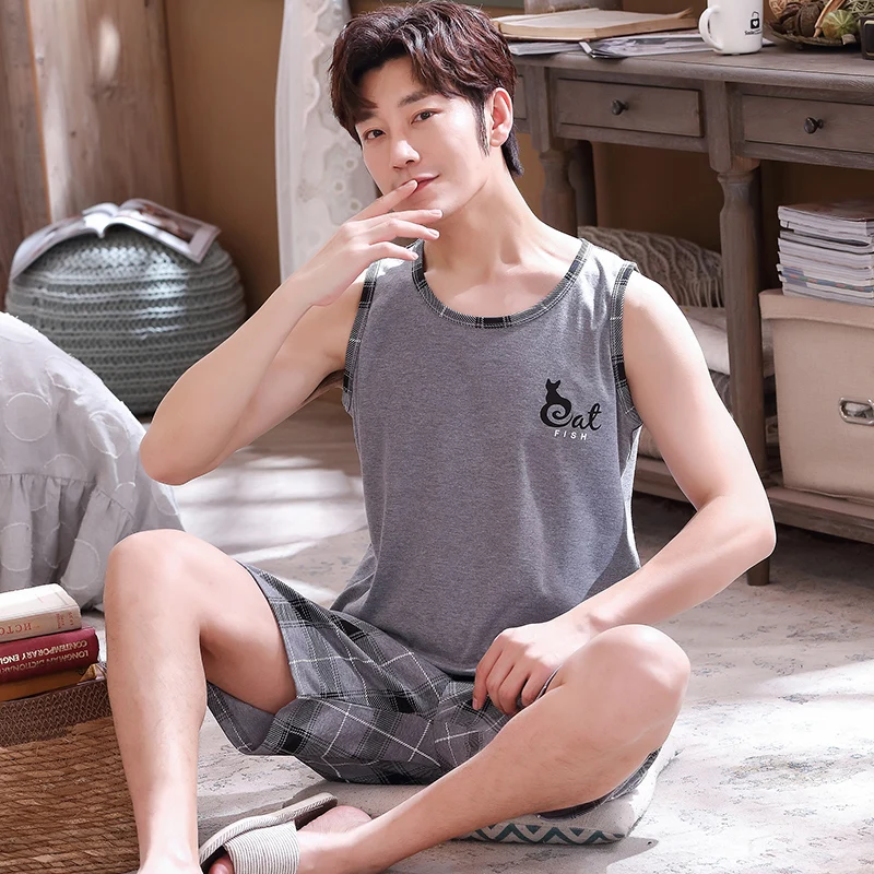 Мужская пижама из 100% хлопка Серая майка + клетчатые шорты пижамный комплект для