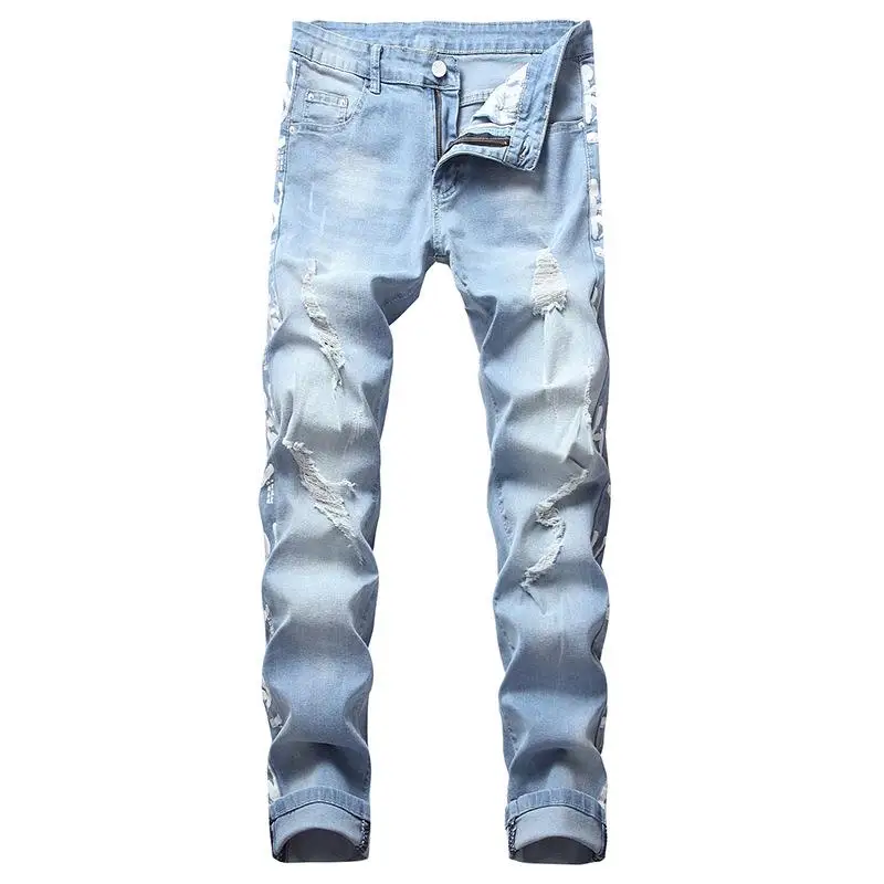

Men's Jeans Ripped Denim Pants Stretch Motor Straight Vintage Trousers