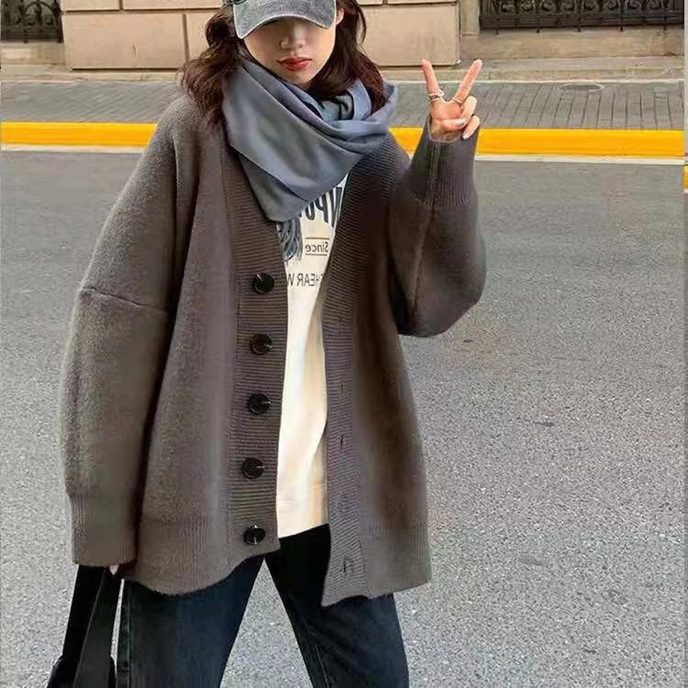 

Korean Fashion Womens Sweater 2021 Autumn Winter New Retro Solid Color Single Breasted Casual Long Sleeve Knit Cardigan
