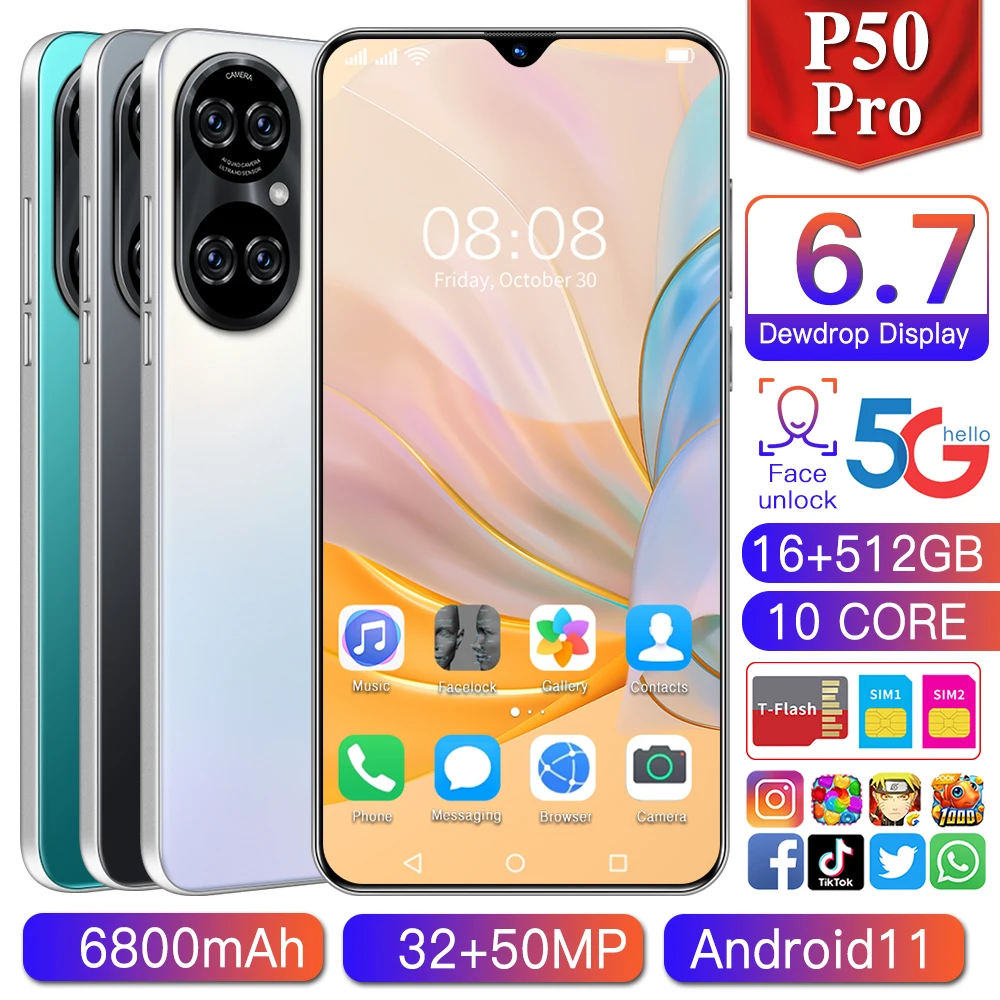

P50pro 6.7Inch Smartphone 6800mAh Android11 32MP+50MP HD Camera Face Wake 16+512GB Dual SIM 5G Global Version Network CellPhone