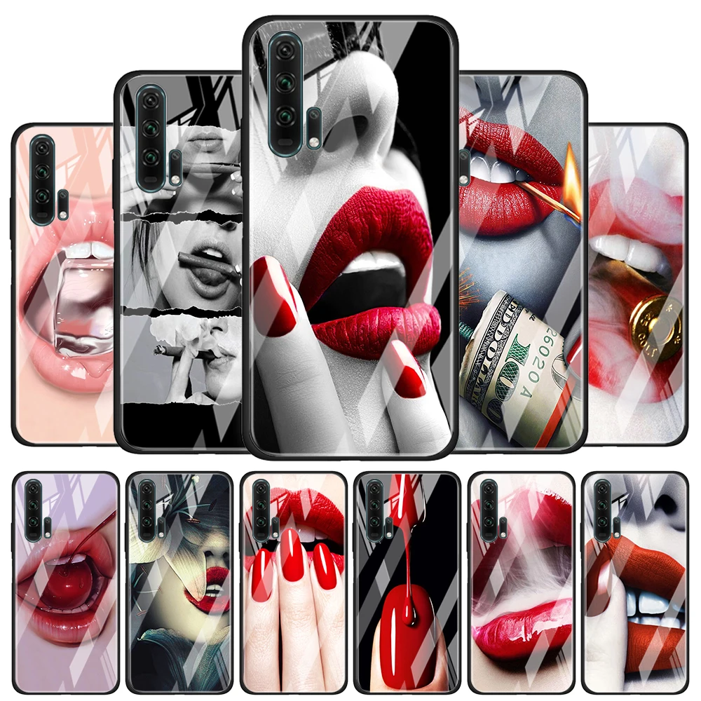 

Sexy Red Lips Kiss for Honor 30 20 10 9X Pro Plus Lite 8X Huawei Y8P Y6P Y5P Y9 Y7 Y6 2019 Tempered Glass Phone Case