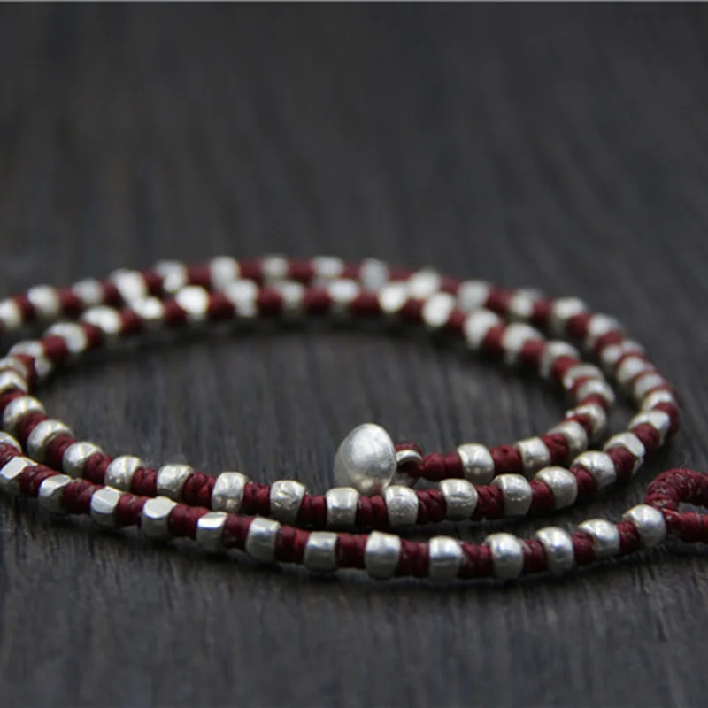 Настоящее 925 пробы серебряные круглые бусины счастливый красный веревочный