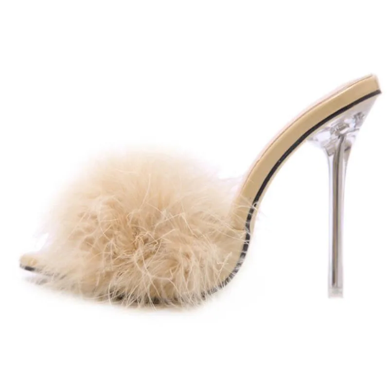 Summer Fashion Women Pumps Thin Heels Mules Shoes Faux Fur Pointed Toe Slippers For Black Pink White Size 41 | Обувь