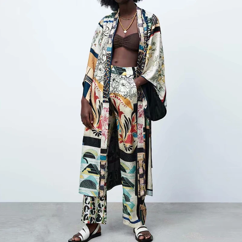 

2 предмета в комплекте для женщин ZA рубашки костюм со штанами 2021 летние принтом по всему размеру, длиной до пола на шнуровке набор блуз женск...