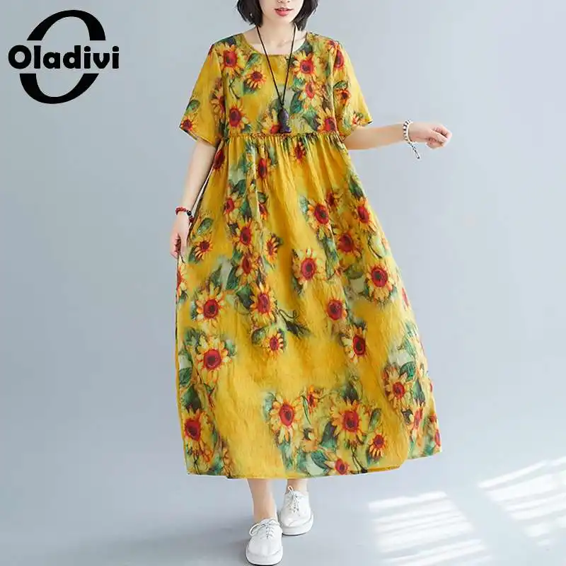 

Oladivi Oversized Clohting Fashion Flower Print Short Sleeve Midi Dress Women Summer 2021 Tunic Casual Loose Yellow Dresses Robe