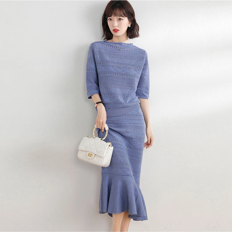 Элегантный синий вязаный комплект Осенний Женский свитер с круглым вырезом топы