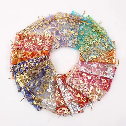 

100pcs/lot Wedding Christmas Gift Bag Jewelry Packaging Bags Pouches Drawable Heart Flower Small Organza Bags Favor