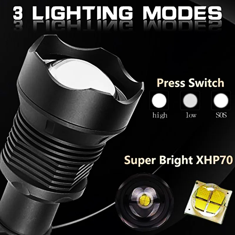 ZK20 Dropshipping XHP50/HP70 LED Flashlight High Lumens Aluminum Alloy Adjustable Focus USB Rechargeable Power and held Light | Лампы и