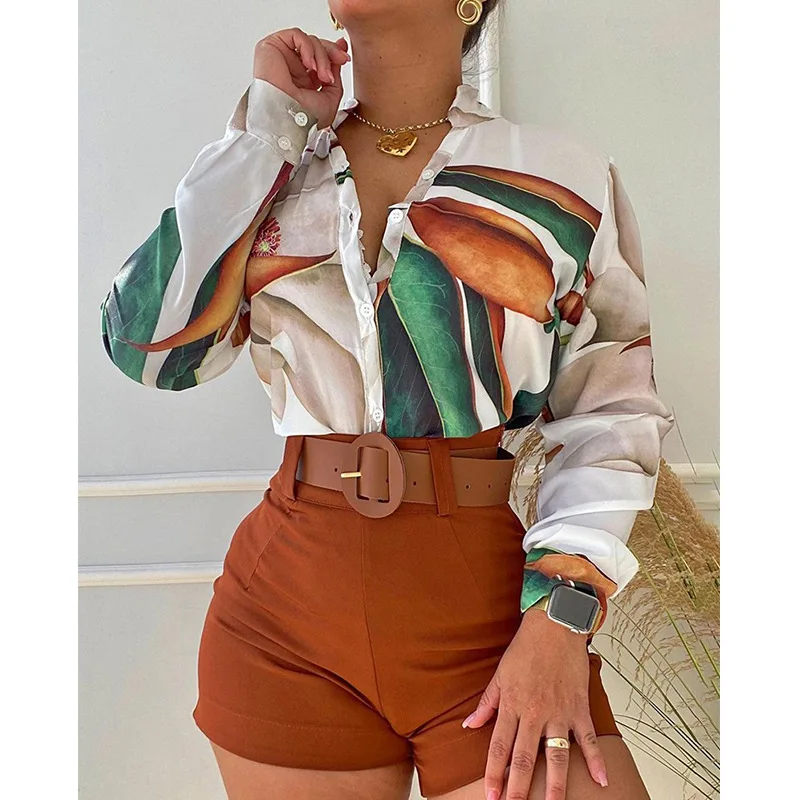 

2022 new style printed stand-up collar long-sleeved single-breasted shirt for ladies
