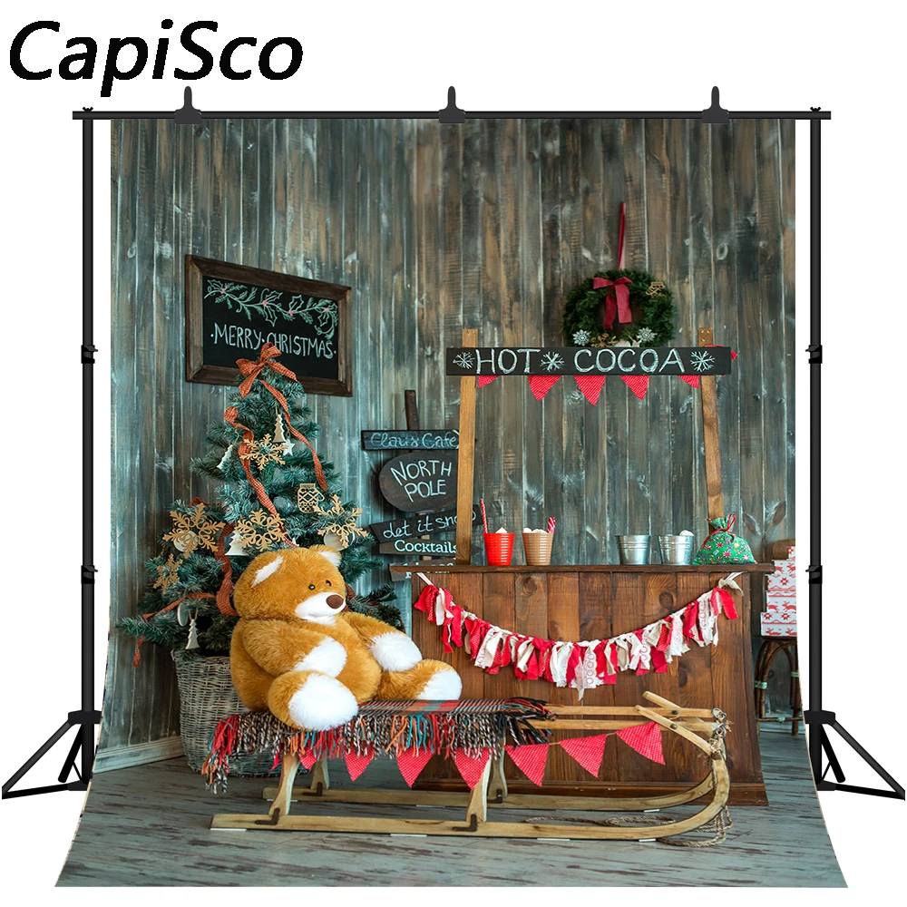 Каписко фон для фотосъемки Рождественская елка горячий какао корзина подарки