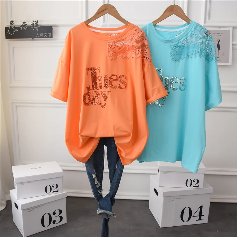 

2021 Summer European Sequined Lace Patchwork Short-Sleeved T-shirt New Summer Loose Western Style Women Top Fashion Simple Tee