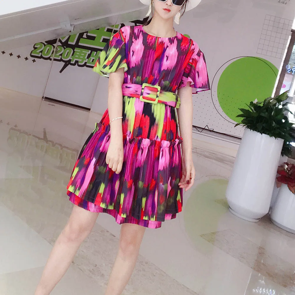 

New Korean Fashion Style 2020 Summer Women O-Neck Colorful Rainbow Color Print Flare Sleeve Casual Sexy Club Dress Belt