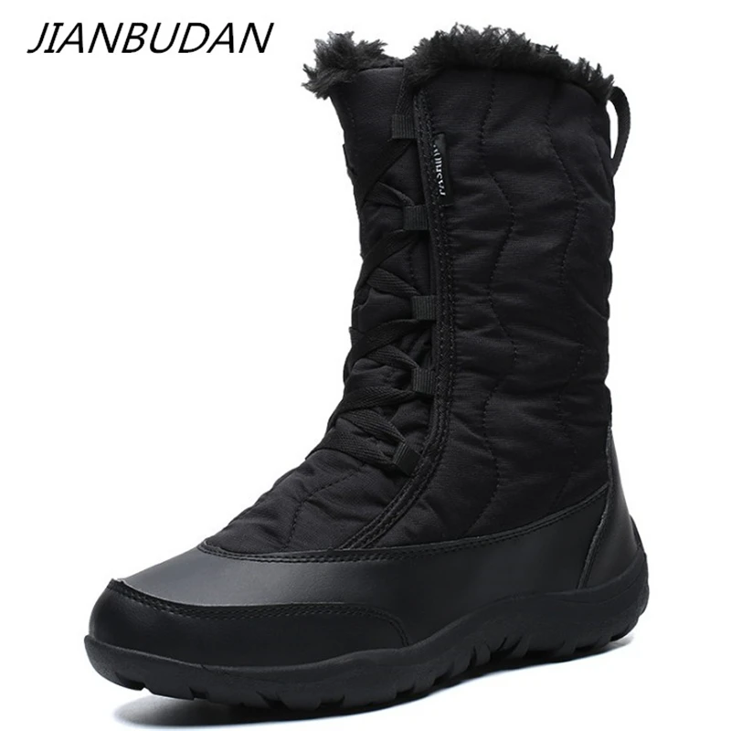 

JIANBUDAN New outdoor snow boots Women's winter waterproof cotton boots Plush warm Mid-Calf boots Women winter shoes 36-42 size