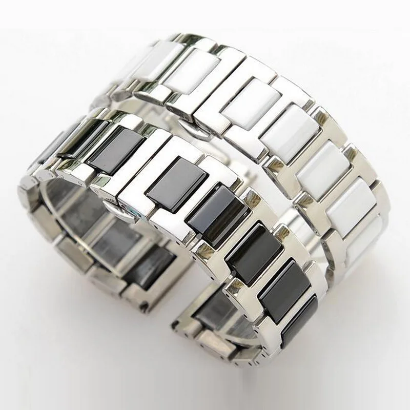16mm 18mm 20mm Ceramic watch band Butterfly Clasp Watch Strap 316L Stainless Steel Wrist watches Belt Bracelet Black White Man