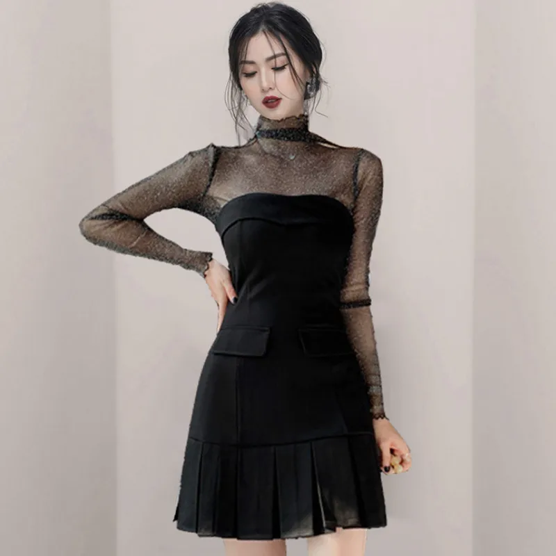 

Женский комплект из двух предметов, Весенняя сетчатая блузка с блестками, плиссированная одежда без бретелек, черный облегающий пикантный ...