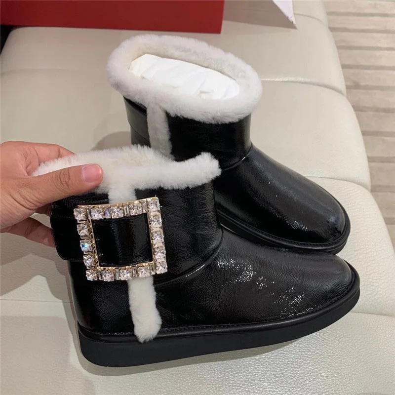 

Silver Real Leather Snow Boots Women Round Toe Rhinestone Diamond Wool Fur Flat Boots Female Winter Ankle Boots