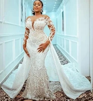 plus size african mermaid 2022 wedding dress with detachable train beaded lace appliqued bridal gown custom made robe de mariee