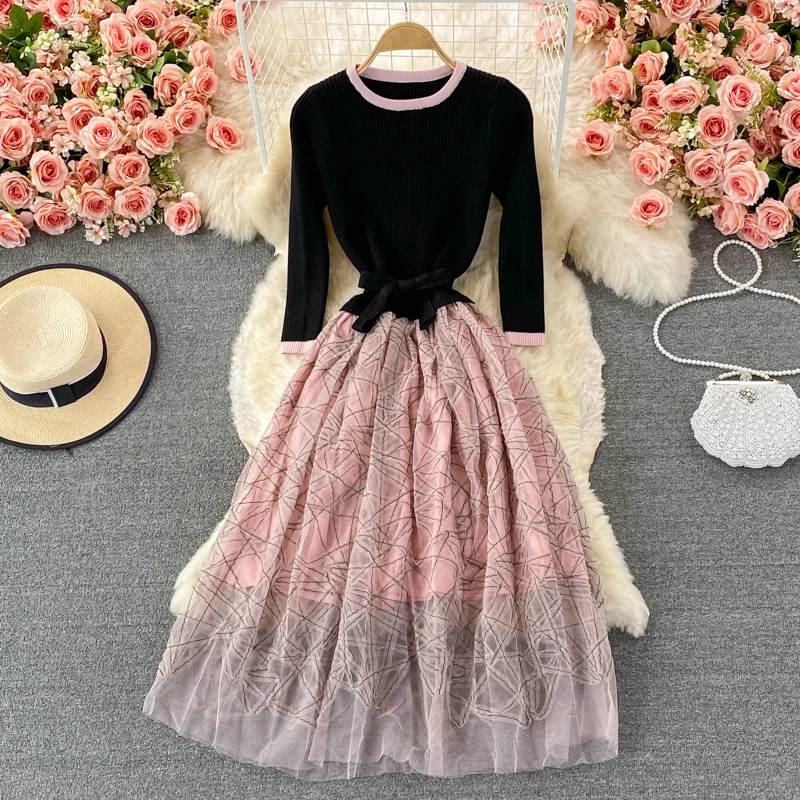 

Uulutonica Autumn Women Elegant Fashion A-line Gauze Mid-calf Empire O-neck Knitting Dress