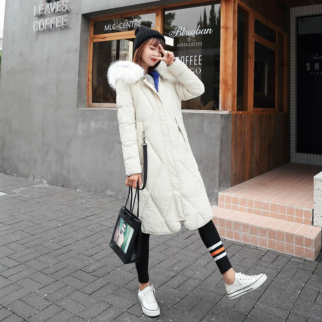 

New Fur Hooded Thicken Warm Slim Long Down Cotton Coat Women Solid Long Sleeve Zipper Pockets Outwears Lady Hardy Down Jackets