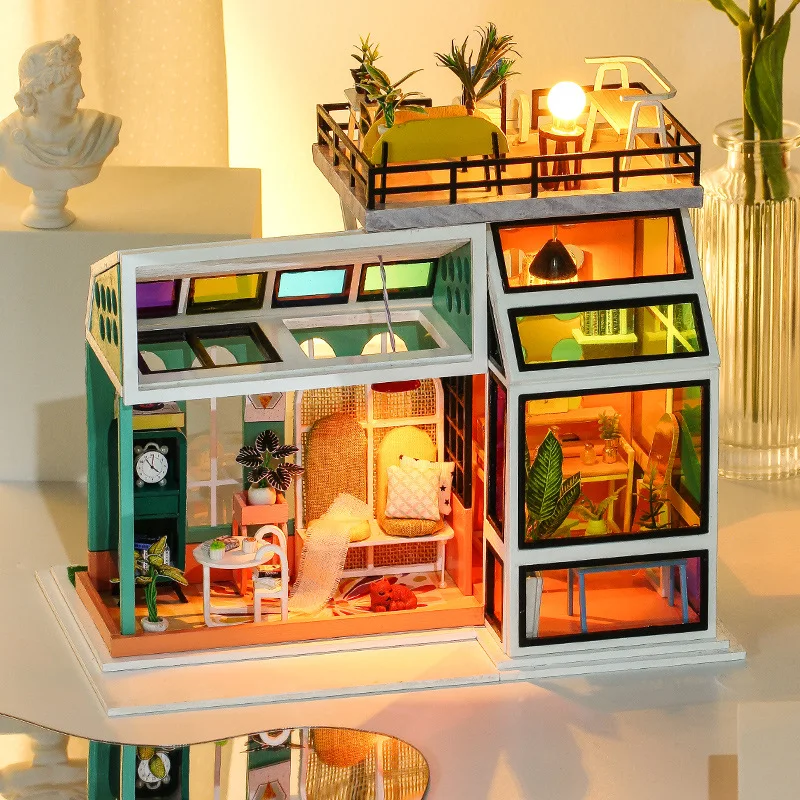 

Miniature House Doll House Three-dimensional Puzzle Creative Hand-assembled Colored Glass Room Micro Landscape Model Decoration