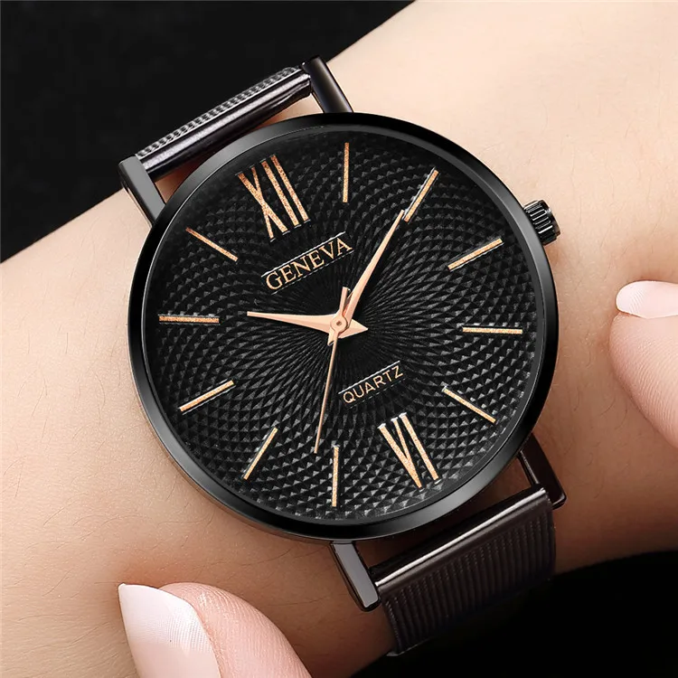 Новинка 2021 женские черные часы Geneva кварцевые наручные с сетчатым браслетом из