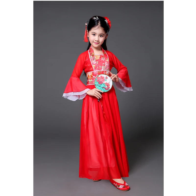 Hanfu древний китайский традиционный костюм для девочек, сценическое платье для танцев, Женский костюм феи в народном стиле, костюм Танга для детей - Цвет: Red