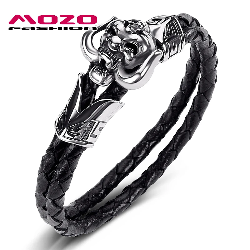 

Men Jewelry New Hot Sale Black Genuine Leather Bracelet Stainless Steel Punk Daemon Charm Current 2020 Women Bangle