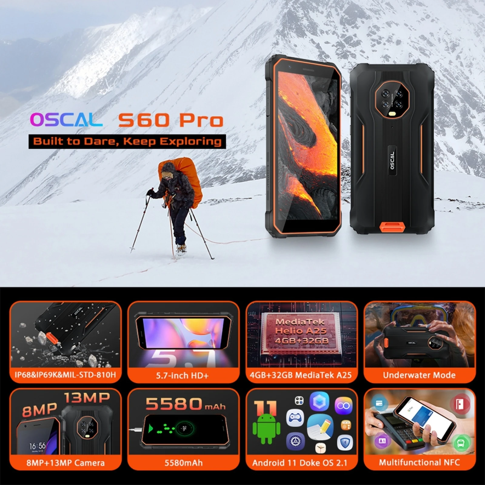 blackview oscal s60 pro ip68 waterproof 5 7 inch screen rugged phone 4gb32gb smartphone 5580mah android 11 mobile phone otg free global shipping
