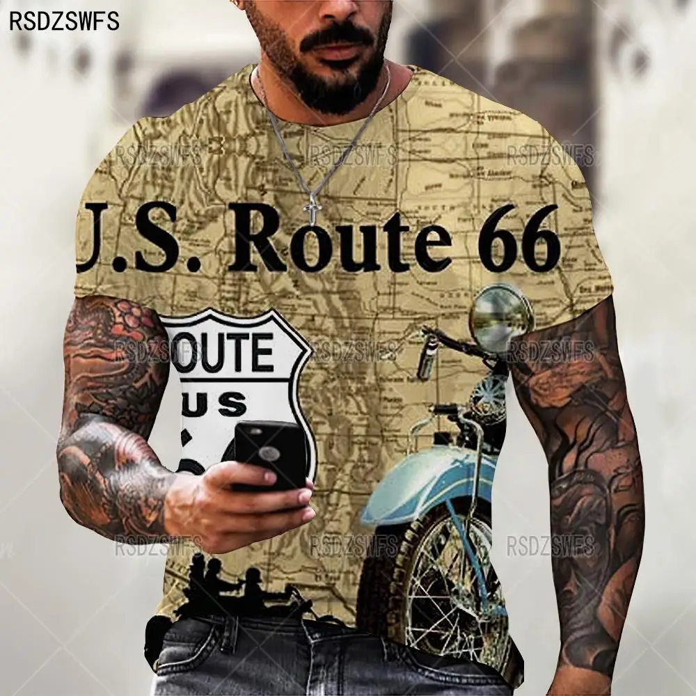 

2021 Summer New Fashion Trend Route 66 Motorcycle Pattern Men T-shirt Street Personality Wild Loose Oversized motocross