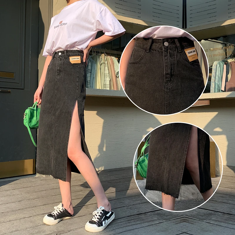 

Summer Skirts for Women 2021 Mid Length Slim Wrap Hip High-waisted Black Split Denim Skirt Jeans Korean Fashion