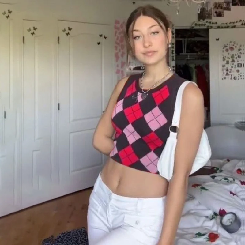 

Argyle Plaid Knitted Sweater Vest Female Streetwear Preppy Style Korean Clothes Striped V Neck Tank Top Y2K Knitwear