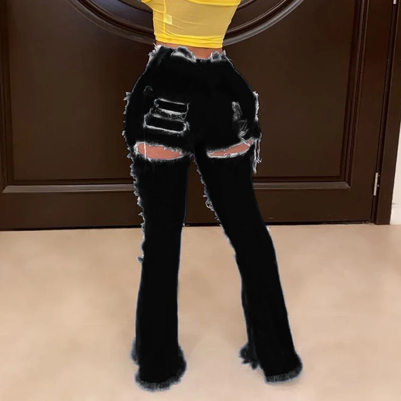 

Vintage Ripped Jeans for Women Fringe Cut Out Flare Denim Pants High Waist Bodycon Hole Bell Bottom Jean Denim Club Trousers
