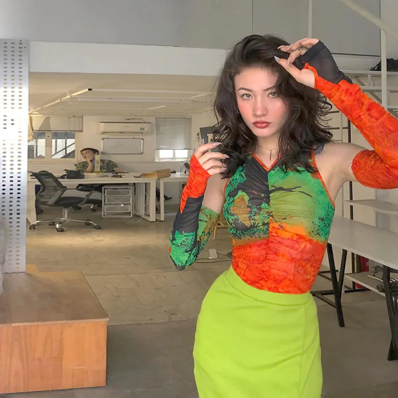 

Новинка весна-лето, женская модная сетчатая облегающая Сексуальная футболка с принтом, Обтягивающие юбки