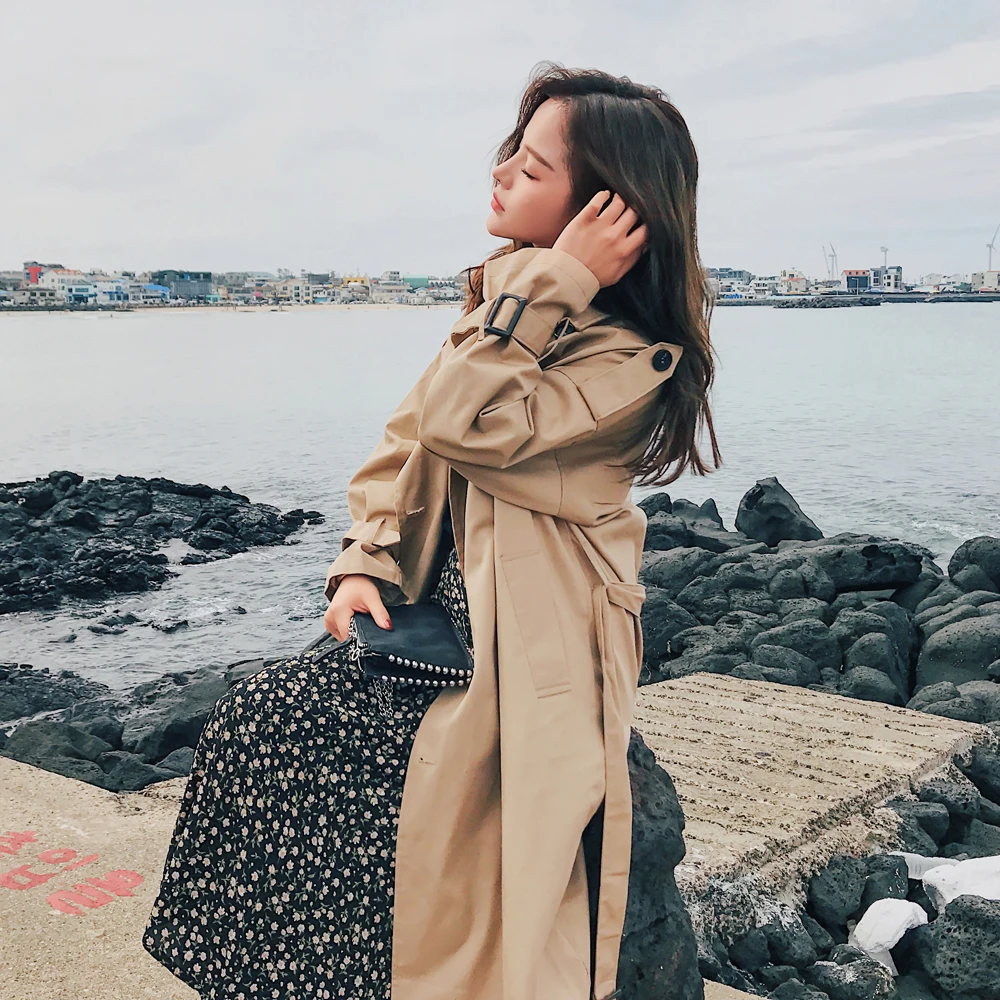 

Fashion Brand New Women Trench Coat Long Double-Breasted Belt Blue Khaki Lady Clothes Autumn Spring Outerwear Oversize Quality